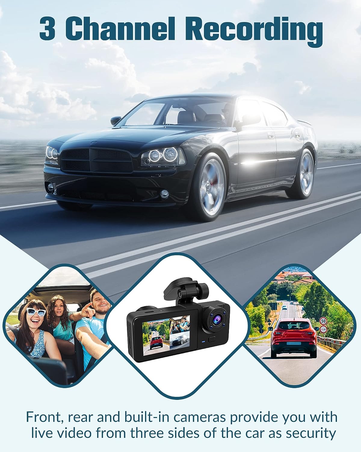 3 Channel Dash Cam Front and Rear Inside,1080P Full HD 170 Deg Wide Angle Dashboard Camera with 32GB SD Card,2.0 inch IPS Screen,Built in IR Night Vision,G-Sensor,Loop Recording,24H Parking Recording