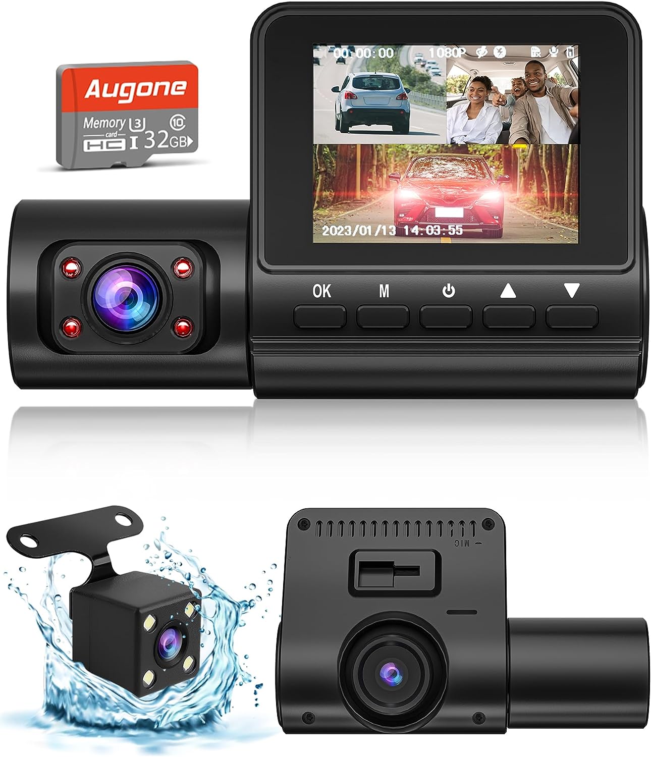 3 Channel Dash Camera for Cars, 1080P Full HD Dash Cam Front and Rear Inside, Dashcam with Night Vision with Free 32GB SD Card,Built-in Accident Lock,G-Sensor,24 Hours Recording,Parking Monitor
