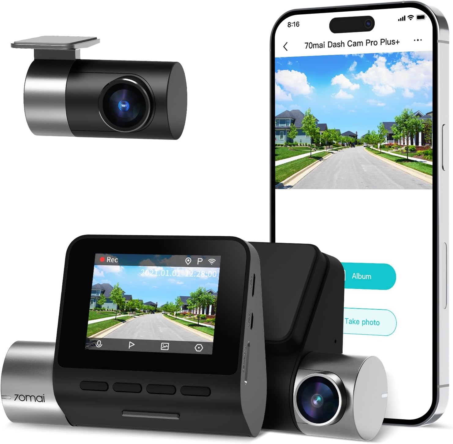 70mai True 2.7K 1944P Ultra Full HD Dash Cam Pro Plus+ A500S, Front and Rear, Built-in WiFi GPS Smart Dash Camera for Cars, ADAS, Sony IMX335, 2 IPS LCD Screen, WDR, Night Vision
