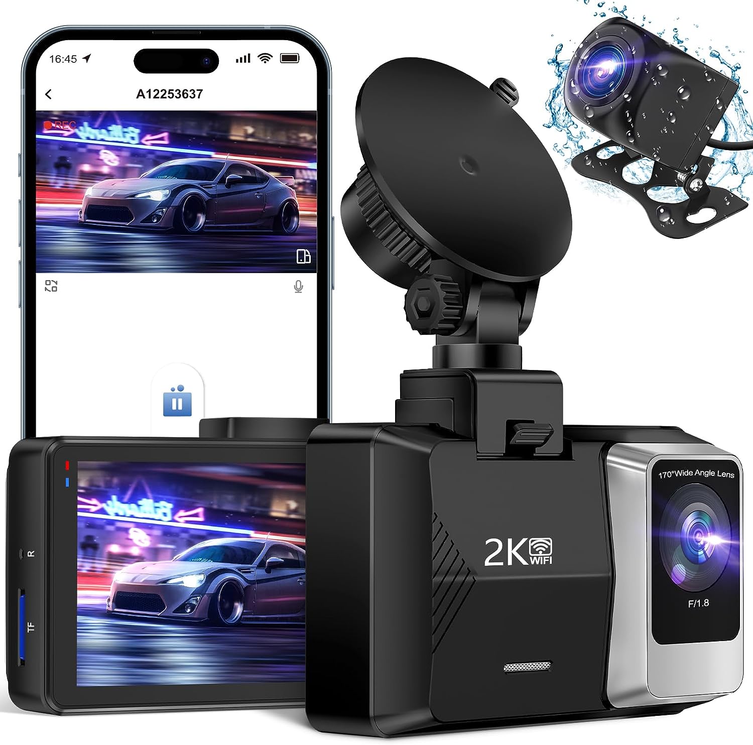Dash Cam, Dash Cam Front and Rear, Dash Camera 2K Full HD with 32GB SD Card, Built-in Wi-Fi, G-Sensor, Loop Recording, Parking Monitor