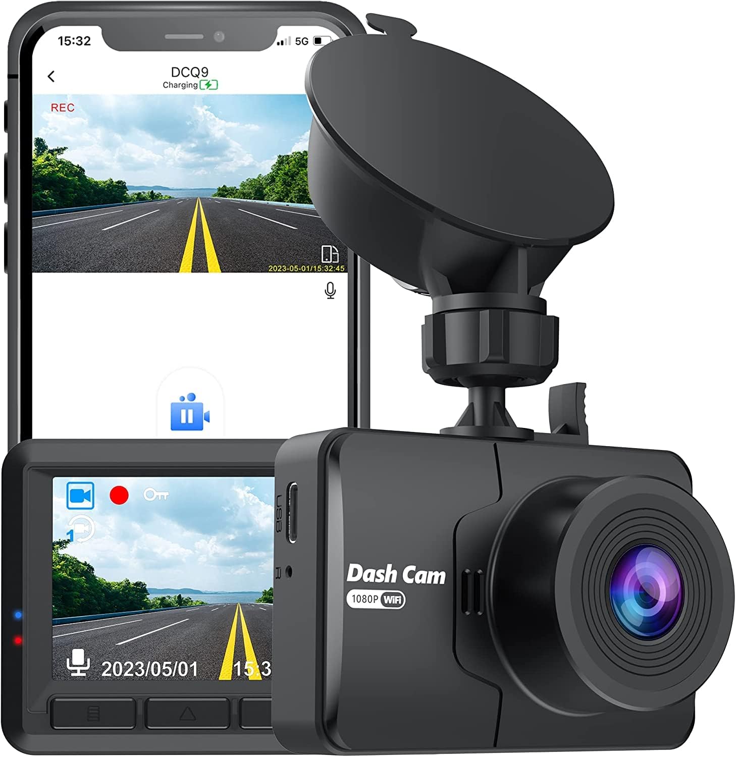 Dash Cam, FHD 1080P Mini Dash Camera for Cars with WiFi, 2.45 IPS Screen, Night Vision, WDR, Loop Recording, G-Sensor Lock, 170°Wide Angle and Parking Monitor