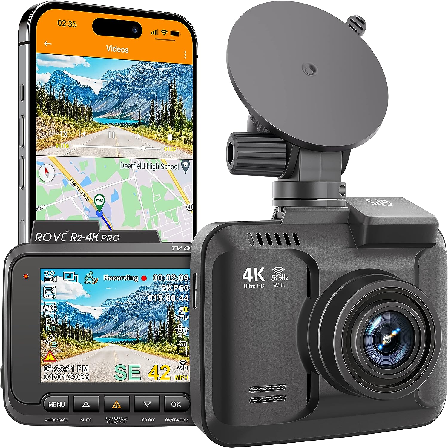 ROVE R2-4K PRO Dash Cam, Built-in GPS, 5G WiFi Dash Camera for Cars, 2160P UHD 30fps Dashcam with APP, 2.4 IPS Screen, Night Vision, WDR, 150° Wide Angle, 24-Hr Parking Mode, Supports 512GB Max
