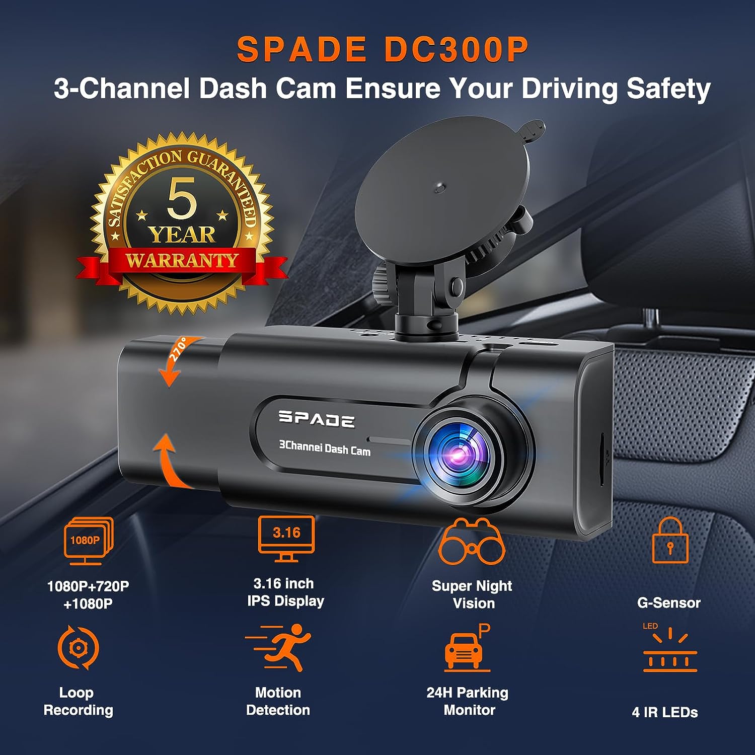 SPADE 3 Channel Dash Cam Front and Rear Inside, 1080P Full HD Dash Camera for Cars, Free 32GB SD Card, 170° Wide Angle, 3.16”IPS Screen, Night Vision, WDR, 24H Parking Mode