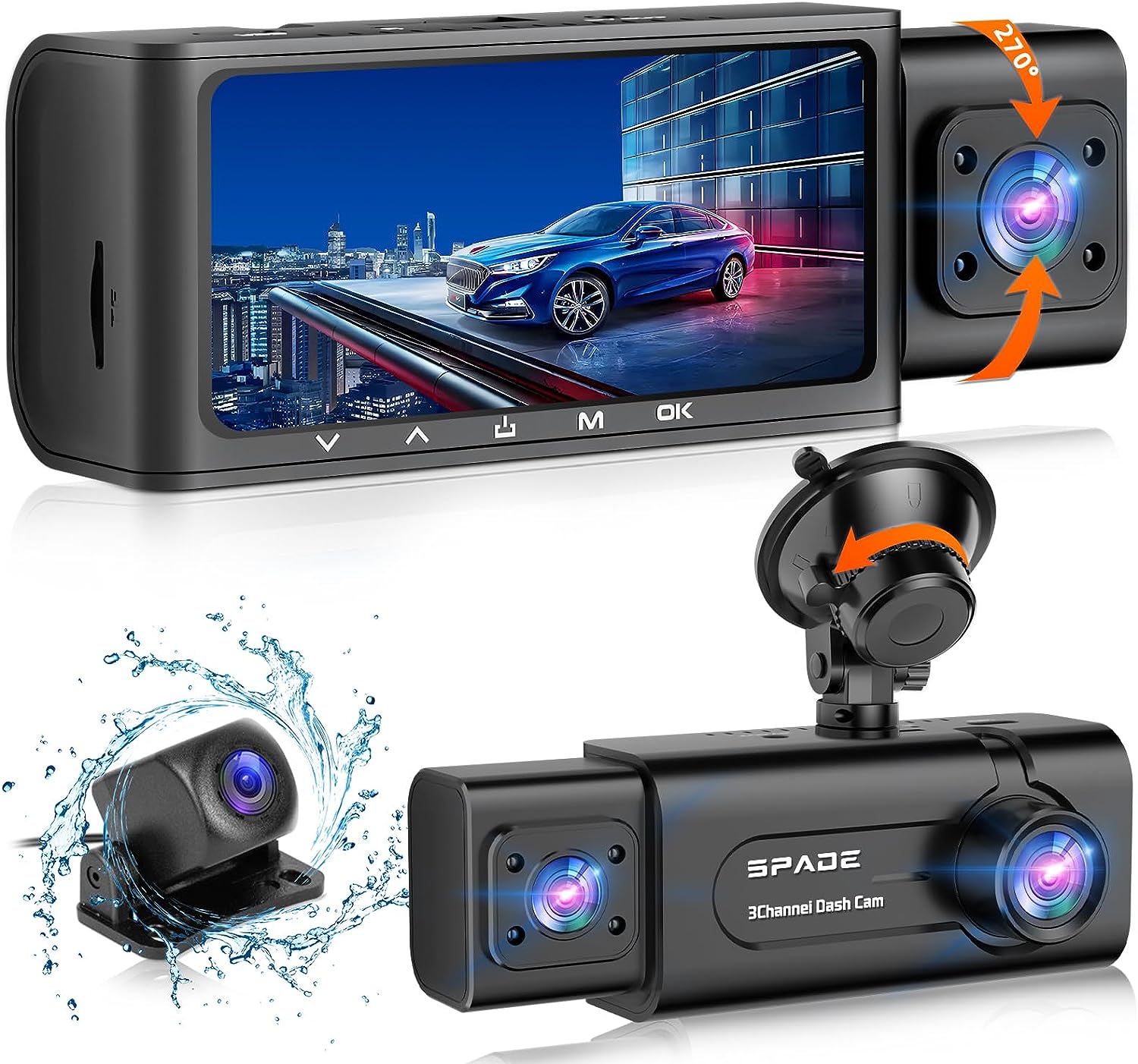 SPADE 3 Channel Dash Cam Front and Rear Inside, 1080P Full HD Dash Camera for Cars, Free 32GB SD Card, 170° Wide Angle, 3.16”IPS Screen, Night Vision, WDR, 24H Parking Mode